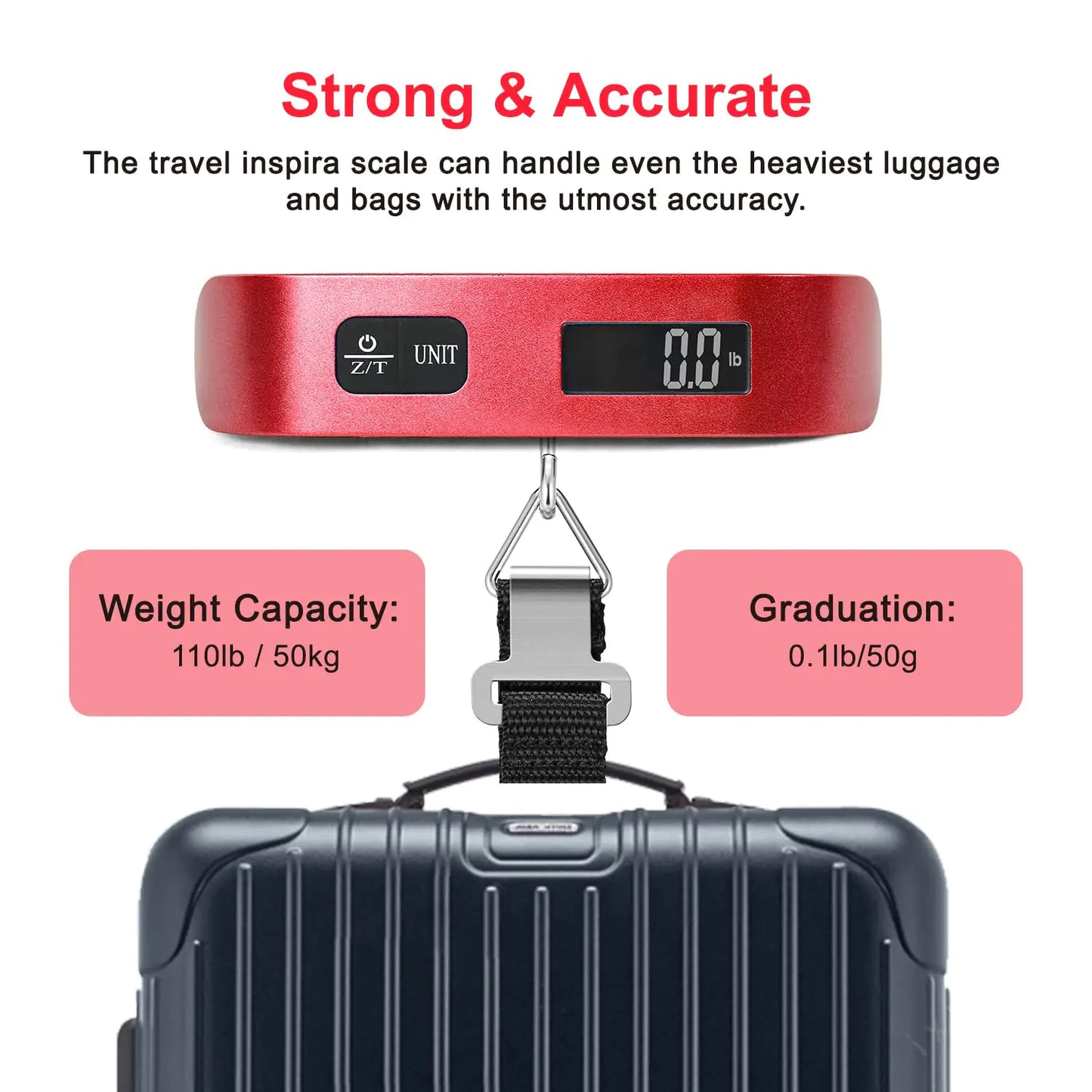 travel inspira Luggage Scale, Portable Digital Hanging Baggage Scale for Travel, Suitcase Weight Scale with Rubber Paint, 110 Pounds, Battery Included Red